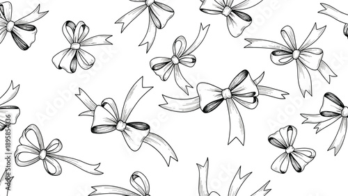 Continuous line drawing pattern of various hand tied ribbon bows scattered across a clean white background for gift wrap.