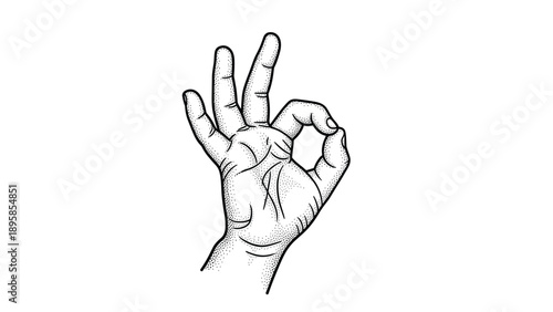 Detailed black and white stippled illustration of a human hand making the universal ok sign or gesture of approval.