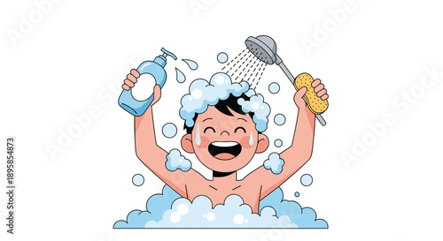 A happy young boy having fun taking a bath covered in soap foam and bubbles while holding a sponge and a bottle of shampoo.