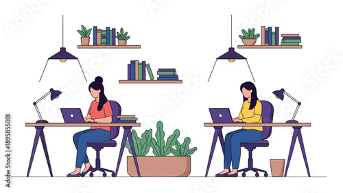 Flat vector illustration of two professional women working at their desks with laptops in a clean, modern office.