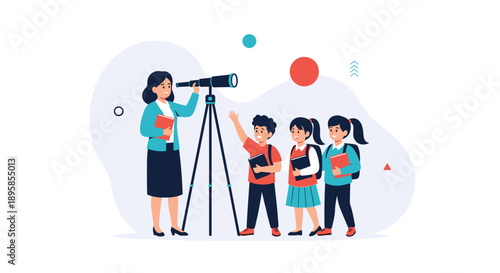 A female teacher and her group of young students looking through a large telescope for an engaging astronomy or science lesson.