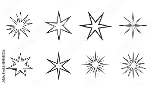 Set of eight distinct black and white star icons with varying point counts and line styles for decorative design use.