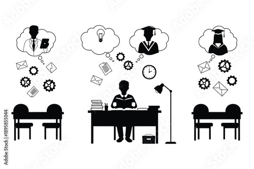 Black and white illustration of business people sitting at desks with thought bubbles and school related objects