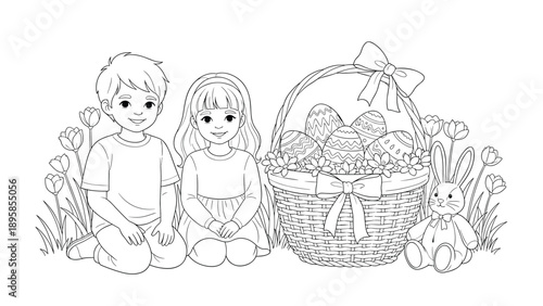Young boy and girl kneeling next to a large wicker basket full of decorated Easter eggs and a toy bunny in line art style.