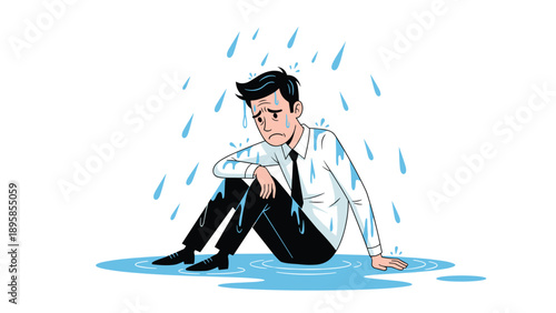 Sad businessman in a white shirt and tie sitting on the ground in a puddle while it rains heavily on a white background.