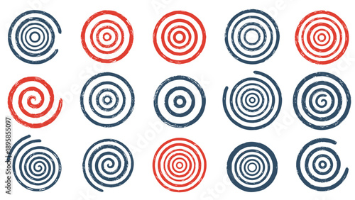 Systematic arrangement of circular spirals in red and blue colors with a hand drawn brush texture on a white background.