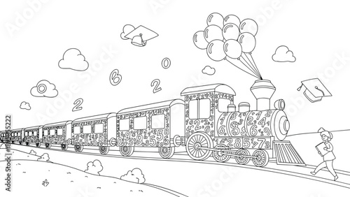 Educational coloring page for kids featuring a long steam train decorated with various numbers traveling through a hilly landscape.