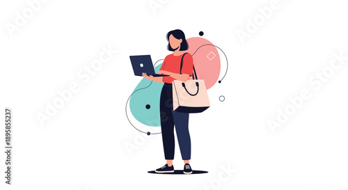 A modern young woman or student standing and working on her laptop computer while carrying a tote bag against an abstract background.