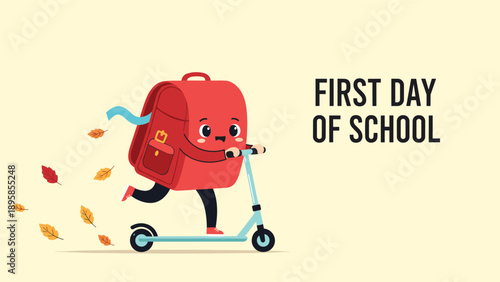 Cheerful red school backpack with a happy face character rides a blue kick scooter on the first day of school during autumn.