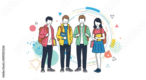 A diverse group of four happy high school or college student friends standing together against a colorful abstract geometric background.