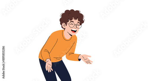 A happy young man with curly hair and glasses laughing heartily with an open and friendly gesture isolated on a white background.