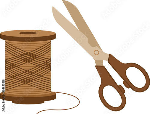 Sewing Tools Vector Illustration with Scissors and Thread Spool for Tailoring, Crafting, Handmade Projects, and Textile Design Concepts