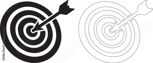 Target with arrow hitting bullseye icon set. Black solid and outline vector graphics for design. isolated PNG with Transparent Background
