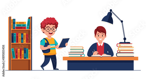 A young boy entering a library or bookstore and approaching a man sitting at a desk surrounded by tall stacks of books and a bookshelf.