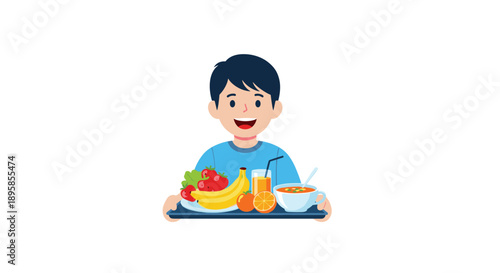 A smiling young boy holding a tray filled with a healthy and balanced meal including fruits juice soup and vegetables for good nutrition.