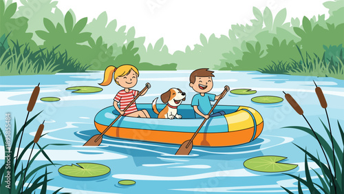 Happy boy and girl row a small inflatable boat across a serene lake filled with lily pads accompanied by their pet dog.