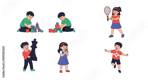 A collection of six illustrations showing children engaged in various activities like playing with blocks tennis chess and running.