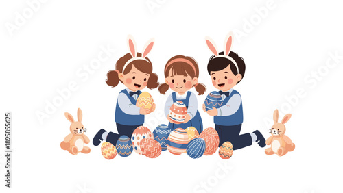 Three young children wearing bunny ears sit together on the ground and play with a large collection of colorful Easter eggs.