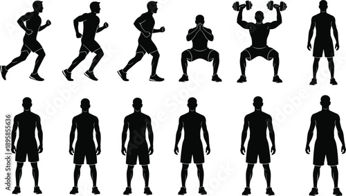 Male fitness workout silhouettes set, running squats dumbbell lifting body poses, gym training exercise collection healthy lifestyle vector illustration bundle pack