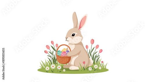 Fluffy beige rabbit sits in a spring flower field holding a small wicker basket filled with several colorful decorated eggs.