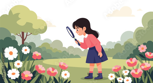 A curious young girl using a magnifying glass to explore and observe the flowers and nature in a beautiful and lush green garden.