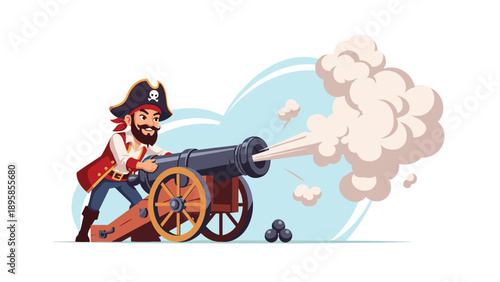 Determined pirate captain in a red coat and tricorn hat fires a large cannon that emits a huge cloud of smoke and fire.