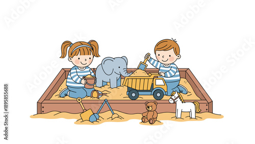 Happy boy and girl play together with sand toys, a truck, and animal figurines in a wooden sandbox in an outdoor playground.