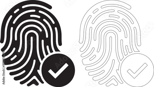 Black Solid and Outline Fingerprint Scan Verification Vector Icons with Checkmark isolated PNG with Transparent Background