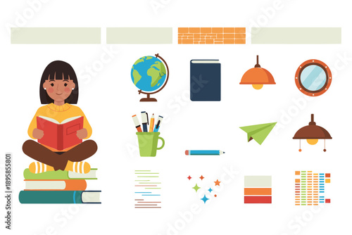 Cartoon girl reading book sitting on stack of books with school supplies and stationery items around her