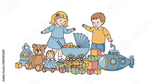 Boy and girl stand together surrounded by a huge collection of toys including building blocks, a teddy bear, and a submarine.