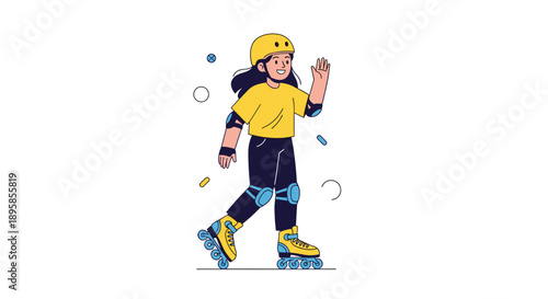 A happy young girl wearing a helmet and protective gear is waving while roller skating for a fun and active outdoor hobby.