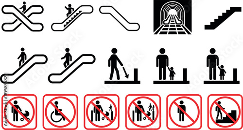 Public safety icon set featuring escalators, stairs, and subway tunnels with warning signs for strollers, wheelchairs, and children in transport hubs.