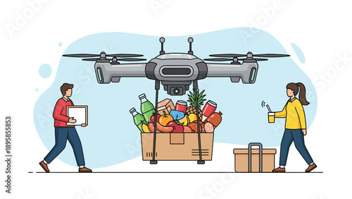 High tech delivery drone carries a large box of fresh groceries including fruits and drinks to a waiting man and woman in a modern flat design.