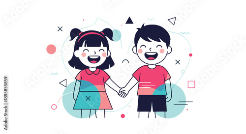 A happy cartoon boy and girl holding hands and laughing together as friends against a colorful and modern abstract background.