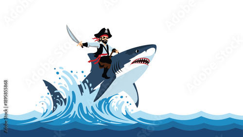 Brave pirate captain riding a giant great white shark through crashing ocean waves while triumphantly wielding a sharp cutlass in a cartoon.