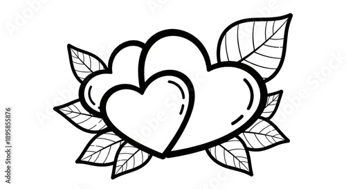 Two Hearts with Leaves Symbolizing Love, Romance, Relationships, and Partnership for Valentine's Day and Wedding Designs