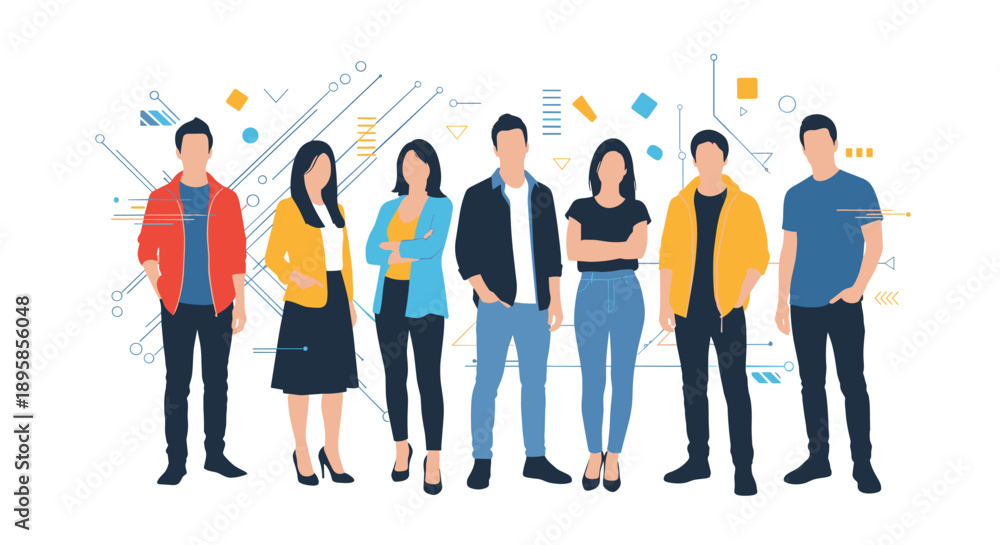 Fototapeta premium Diverse group of young professional men and women stand together as a team against a modern digital technology background.