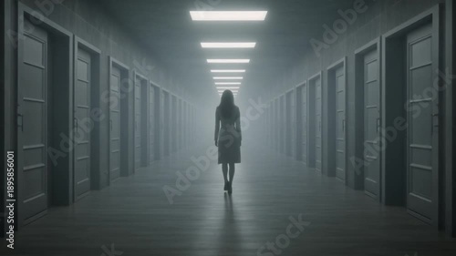 Wallpaper Mural Solitary figure standing in a long dim hallway with doors on both sides, back turned Torontodigital.ca
