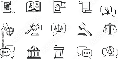 law, justice, legal, court, judge, gavel, scales, attorney, document, protection, security, government, legislation, rights, consultation, balance, defense, lawyer, vector, outline, icons, set