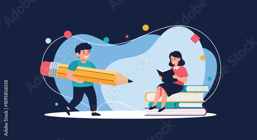 Creative education concept with a boy carrying a giant pencil and a girl reading a book while sitting on a large stack of books.