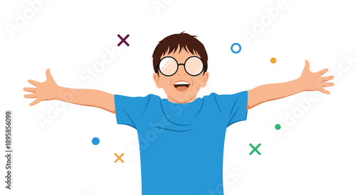 Extremely happy and excited young boy with glasses celebrates with his arms outstretched in a welcoming and joyful gesture.