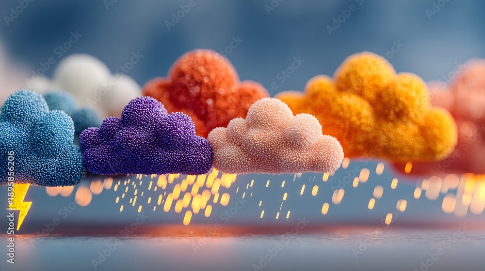 Fototapeta premium A whimsical collection of colorful clouds, evoking all the feels of a vibrant, imaginative sky, with a touch of rainy weather