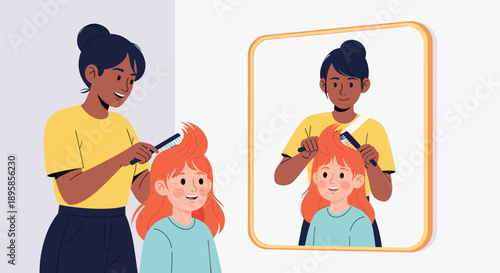 Loving mother carefully combs her happy daughter's red hair while they both look at their reflection in the mirror together.