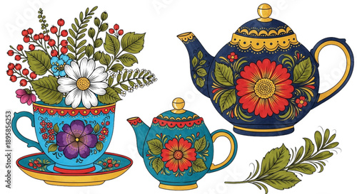 Colorful Folk Art Teapots and Teacup. Traditional Floral Patterns for Home Decor, Crafts, and Design.