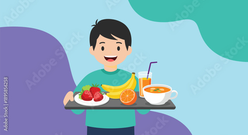 Happy young boy holds a tray full of healthy and nutritious food including fresh fruits a bowl of soup and a glass of juice.