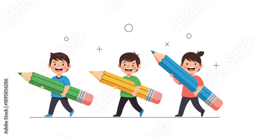 Three happy and diverse elementary school students are walking together while each carrying a giant colorful pencil for art class.