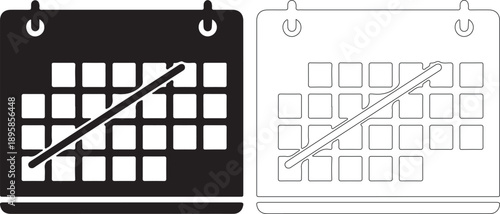 Black and white simple calendar with cross mark vector icon set. isolated PNG with Transparent Background