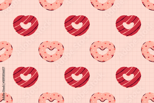 Cute seamless Valentine pattern with heart-shaped donuts topped with chocolate and sprinkles. Great for bakery branding, packaging, party decor, and playful backgrounds.