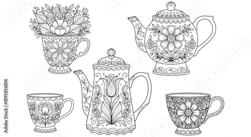 Ornate Teapot and Teacup Line Art. Detailed Floral Patterns for Coloring Books, Craft Projects, and Relaxing Creative Design.