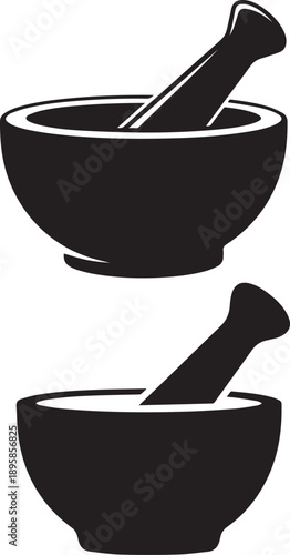 Black silhouette icon of a traditional mortar and pestle set for grinding